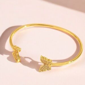 Butterfly Open Cuff Bracelet Gold Tone CZ Pave Adjustable